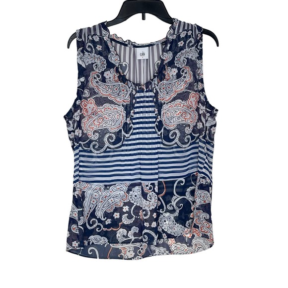 Cabi Women Top Sheer Tank Paisley Striped Ruffled Peplum Sleeveless Blue Small - Picture 1 of 9